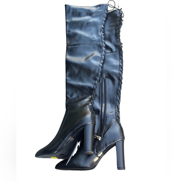 KURT Geiger Pointed Toe Knee High Lace-Up Black Leather High Block Heeled Boots - Picture 2 of 16